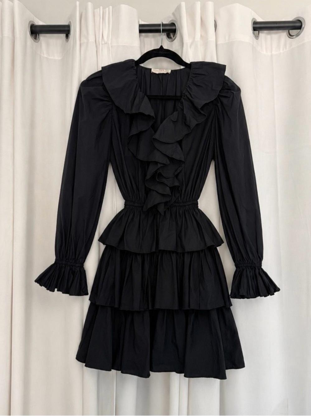 Ulla Johnson Black Cotton Ruffle Tiered Mini Dress Size 4 A/W 2022 Drawstring